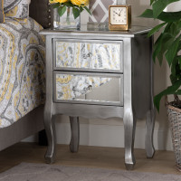 Baxton Studio JY18A035-Silver-NS Leonie Modern Transitional French Brushed Silver Finished Wood and Mirrored Glass 2-Drawer Nightstand